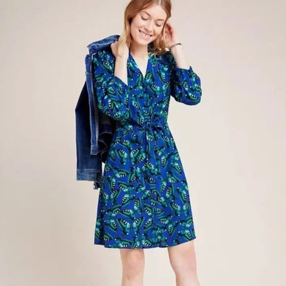 Anthropologie Blue and Green Butterfly Dress